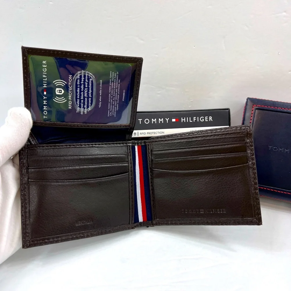 ⭐️TOMMY HILFIGER💯 MENS WALLET DOUBLE FOLD, DARK BROWN, GENUINE LEATHER